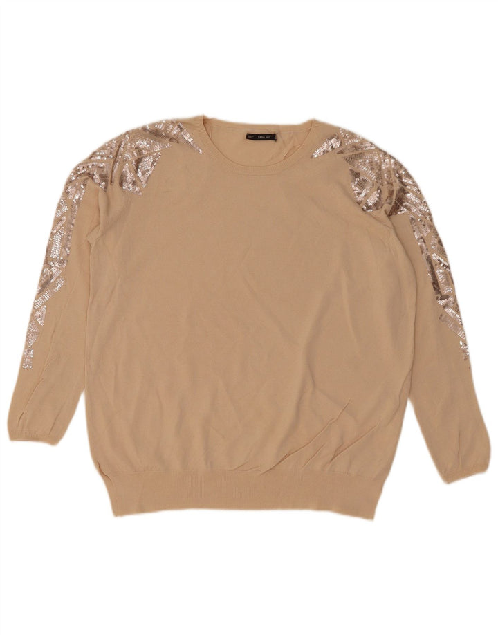 Zara Damen-Pullover mit Rundhalsausschnitt, Gr. 14, Mittelbeige, geometrisch