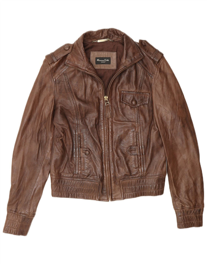 Massimo Dutti Damen Militärlederjacke UK 14 Mittelbraun