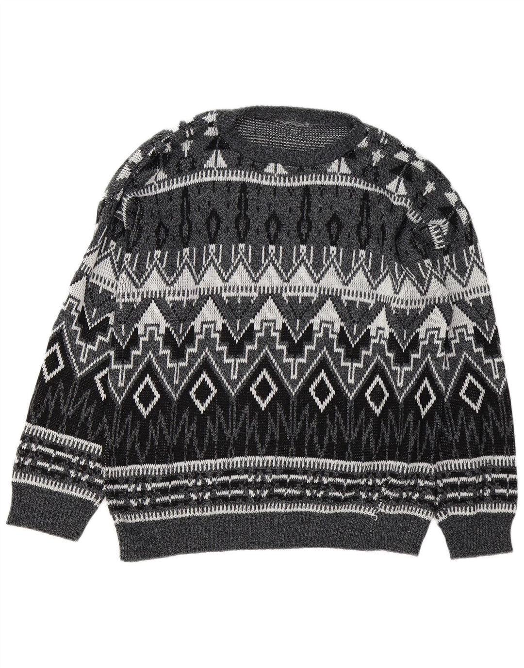Vintage Herren Pullover mit U-Boot-Ausschnitt, groß, grau, geometrisch
