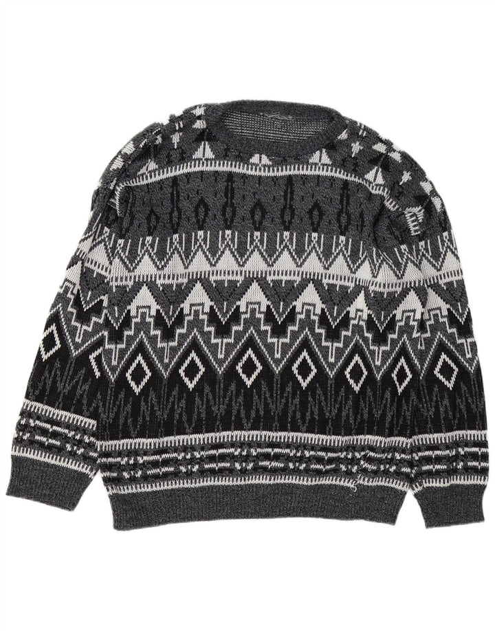 Vintage Herren Pullover mit U-Boot-Ausschnitt, groß, grau, geometrisch