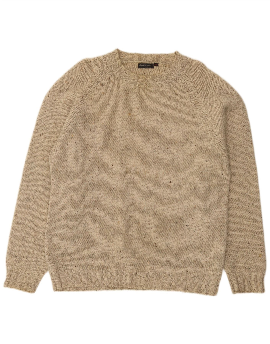 Old England Herren-Pullover mit Rundhalsausschnitt, XL, beige gefleckte Schurwolle