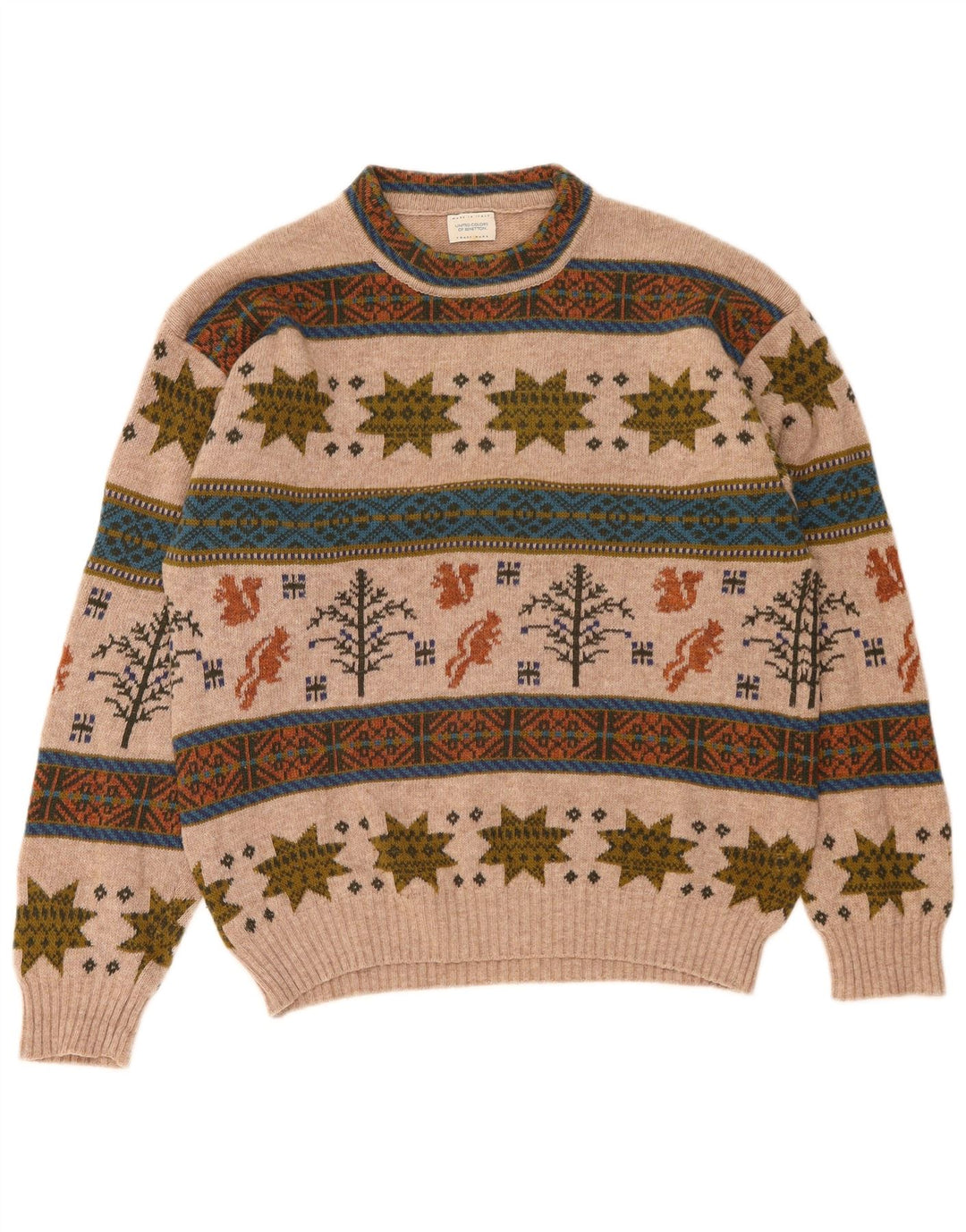 Benetton Herren-Pullover mit Rundhalsausschnitt, mittelbeigeige Fair-Isle-Wolle