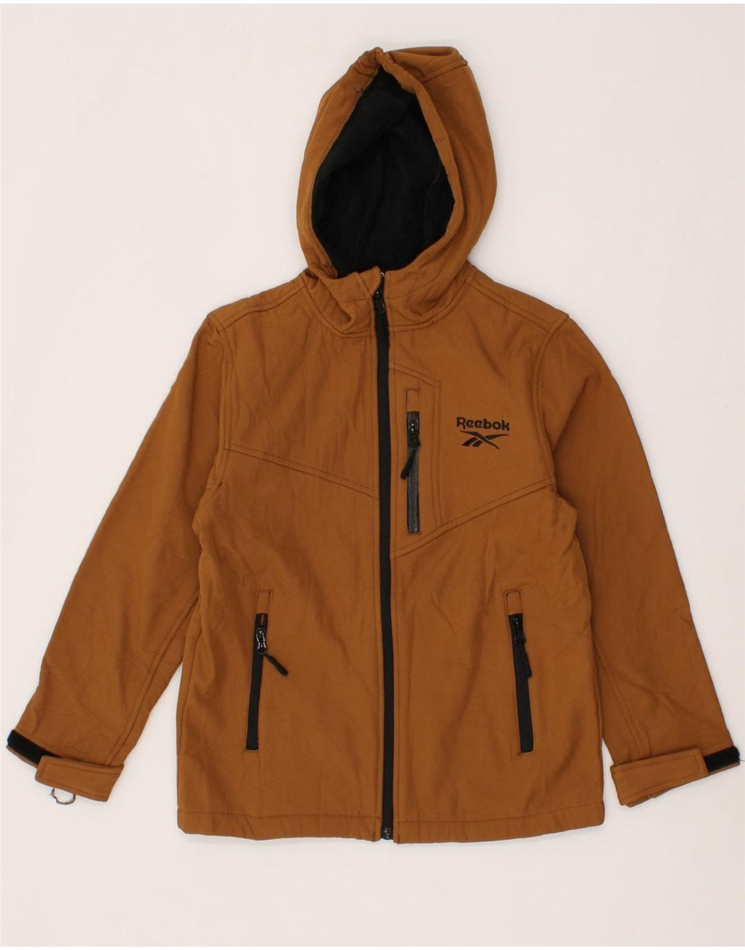 REEBOK Boys Hooded Windbreaker Jacket 7-8 Years Small Brown Spandex Vintage Reebok and Second-Hand Reebok from Messina Hembry 