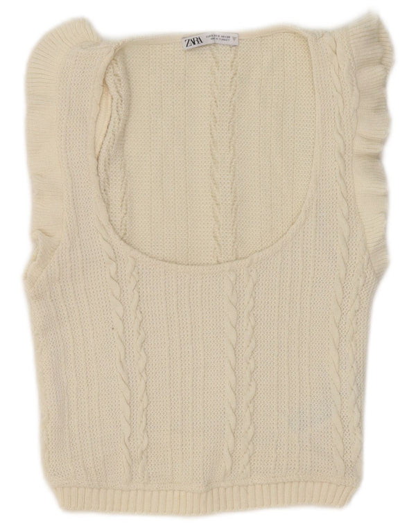 Zara Damen Crop Vest Tank Top UK 8 Small Off White Polyester