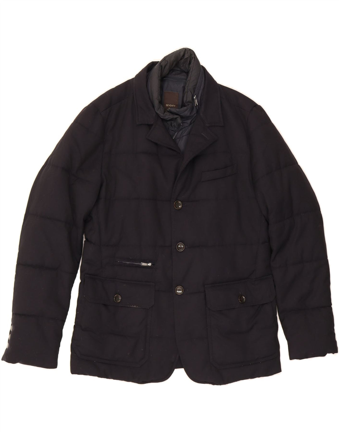 SEVENTY Mens Padded Jacket IT 50 Large Navy Blue Vintage Seventy and Second-Hand Seventy from Messina Hembry 