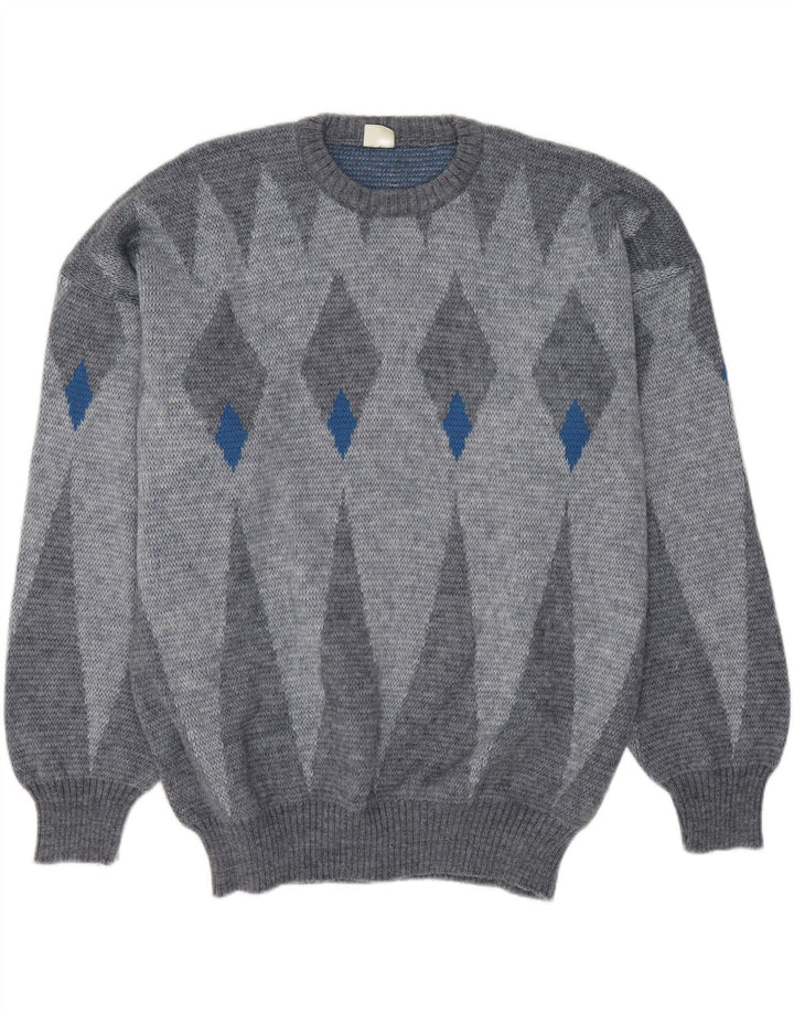 VOGUE Herren-Pullover mit Rundhalsausschnitt, groß, graue Argyle-/Diamantwolle