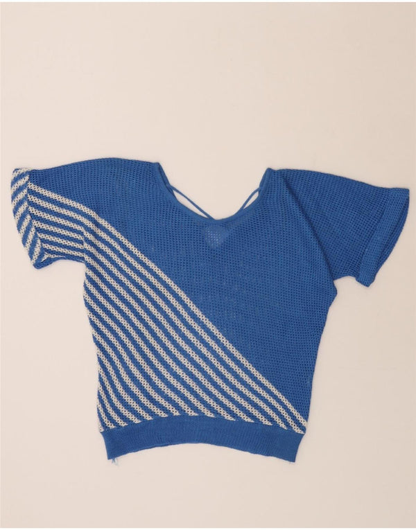 VINTAGE Damen Durchsichtiger Pullover mit U-Boot-Ausschnitt, Gr. 14, Blau