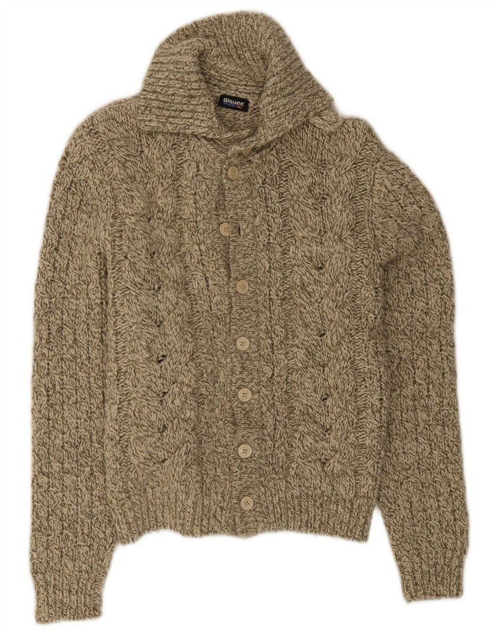 Blauer Damen-Cardigan-Pullover UK 14 Mittelbeige Wolle