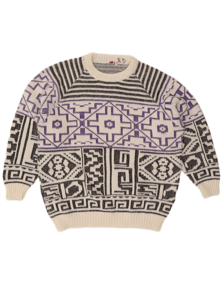 Vintage Herren-Pullover mit Rundhalsausschnitt, große weiße geometrische Wolle