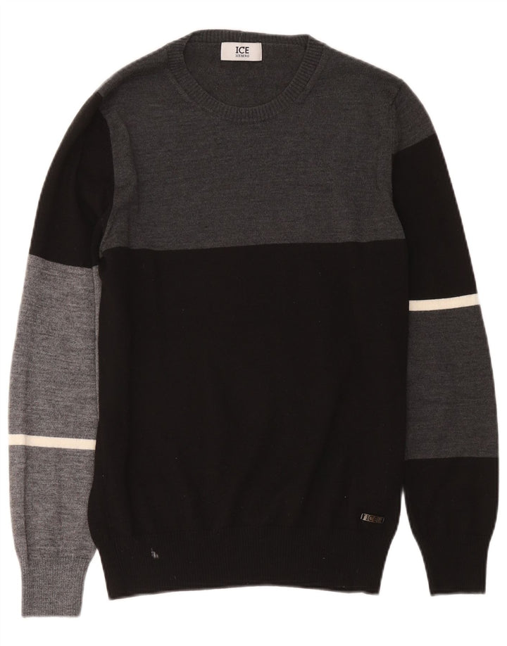 Iceberg Herren-Pullover mit Rundhalsausschnitt, Mittelschwarz, Wolle in Blockfarben