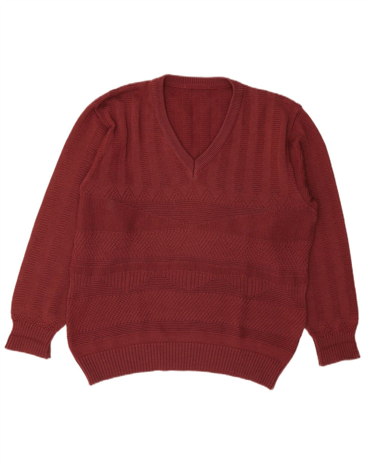 VINTAGE Mens V-Neck Jumper Sweater Large Burgundy Polyacrylic
