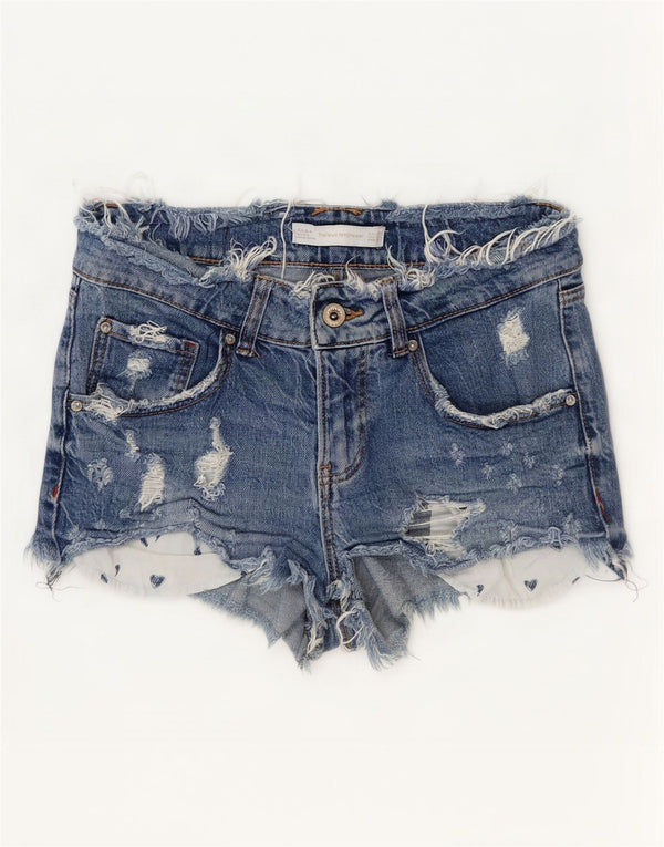 Zara Damen Trafaluc Distressed Denim Shorts EU 38 Small W28 Blaue Baumwolle