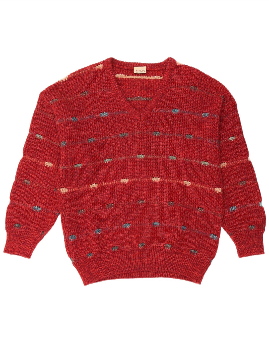 FIUME Herren-Pullover mit V-Ausschnitt, Größe 52, groß, burgunderrot, gestreift, Wolle