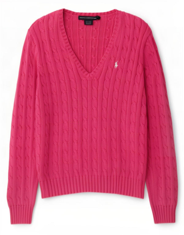 Ralph Lauren Womens V-Neck Jumper Sweater UK 16 Large Pink Cotton