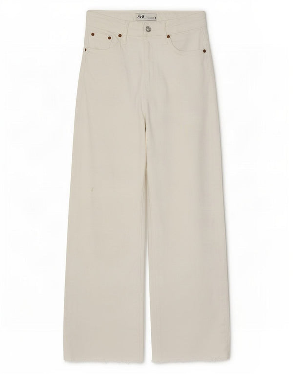 Zara Damen-Jeans mit hoher Taille und weitem Bein, EU 34, 2XS, W24, L26, weiße Baumwolle