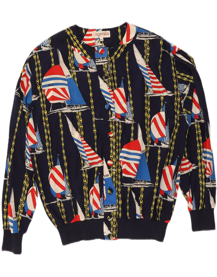 AGENDA Damen-Bomberjacke mit abstraktem Muster, IT 42, mittlere marineblaue Seide