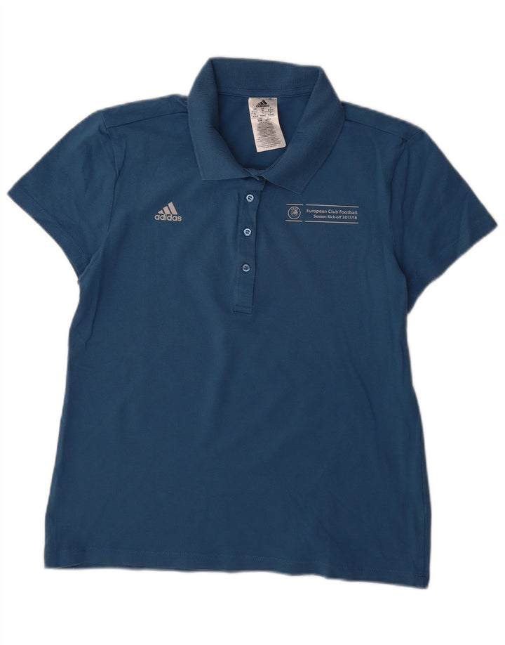 ADIDAS Damen UEFA Champions League Poloshirt UK 12/14 Mittelblaue Baumwolle