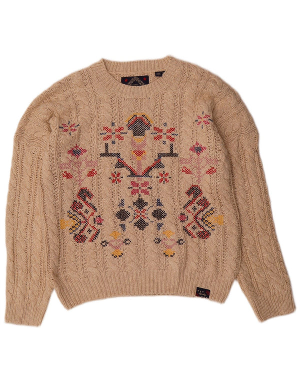 SUPERDRY Damen-Pullover mit Rundhalsausschnitt, UK 12, Mittelbeige, Fair Isle-Muster