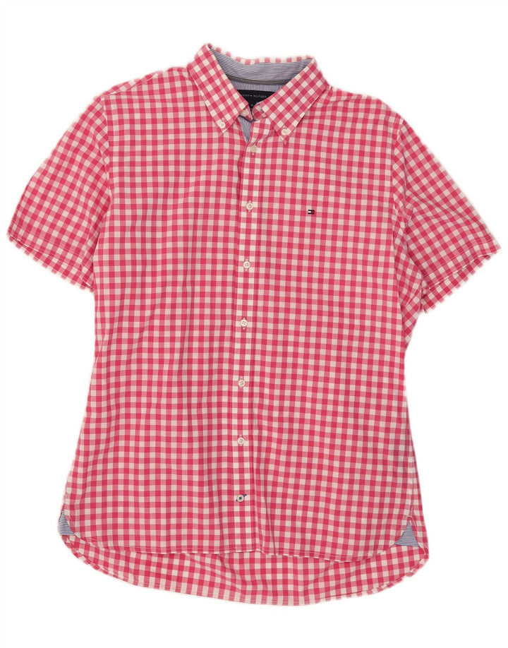 Tommy Hilfiger Herren Kurzarm-Hemd mit individueller Passform, mittelrote Gingham-Baumwolle