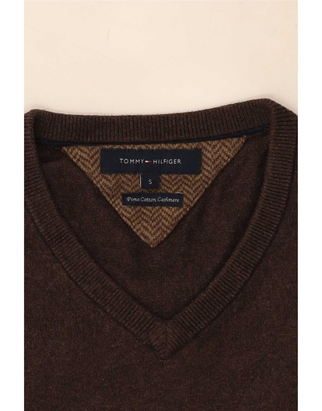 Tommy Hilfiger Herren-Pullover mit V-Ausschnitt, klein, braune Baumwolle