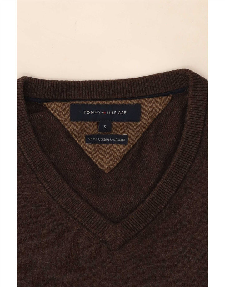 Tommy Hilfiger Herren-Pullover mit V-Ausschnitt, klein, braune Baumwolle