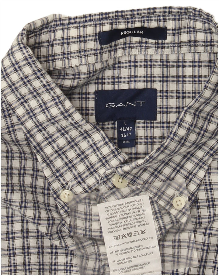 Gant Herren-Hemd mit normaler Passform, Größe 16 1/2 Large, weiß karierte Baumwolle