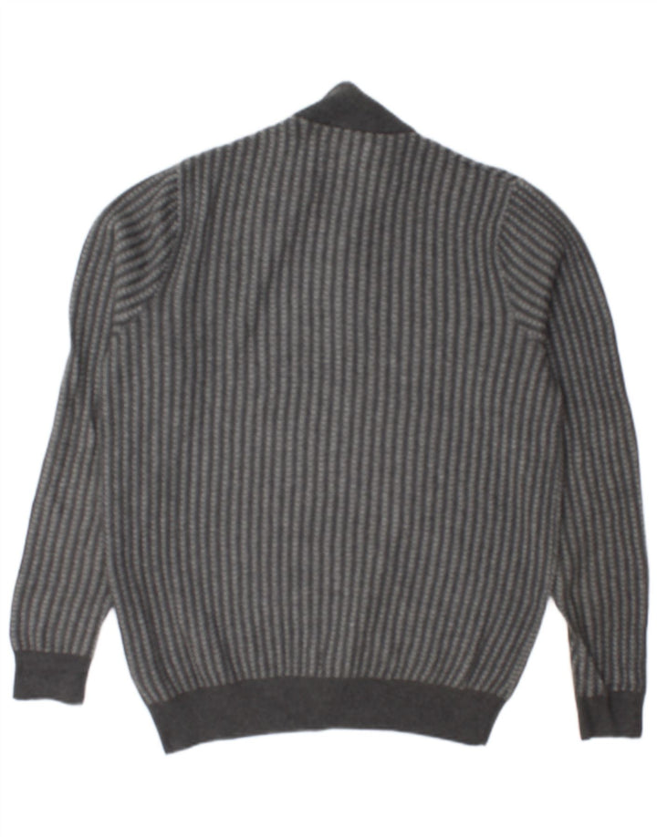 MARKS & SPENCER Herren-Pullover mit Reißverschluss am Hals, mittelgrau gestreifte Baumwolle