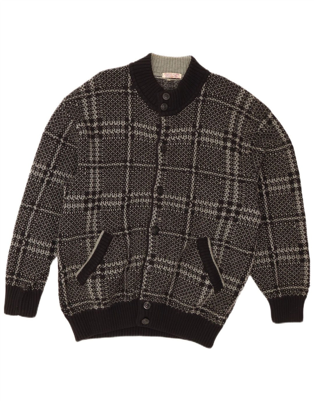 Vintage Herren Cardigan Pullover IT 52 Große schwarze Karowolle