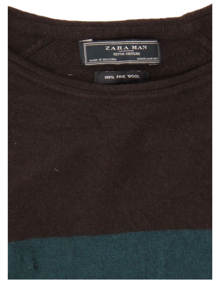 Zara Herren-Pullover mit U-Boot-Ausschnitt, mittelgroße, mehrfarbige Colourblock-Wolle