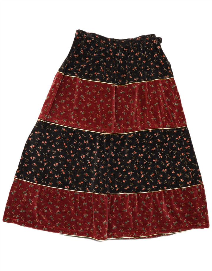 Vintage Damen Samt ausgestellter Rock W30 Mittelrot geblümt