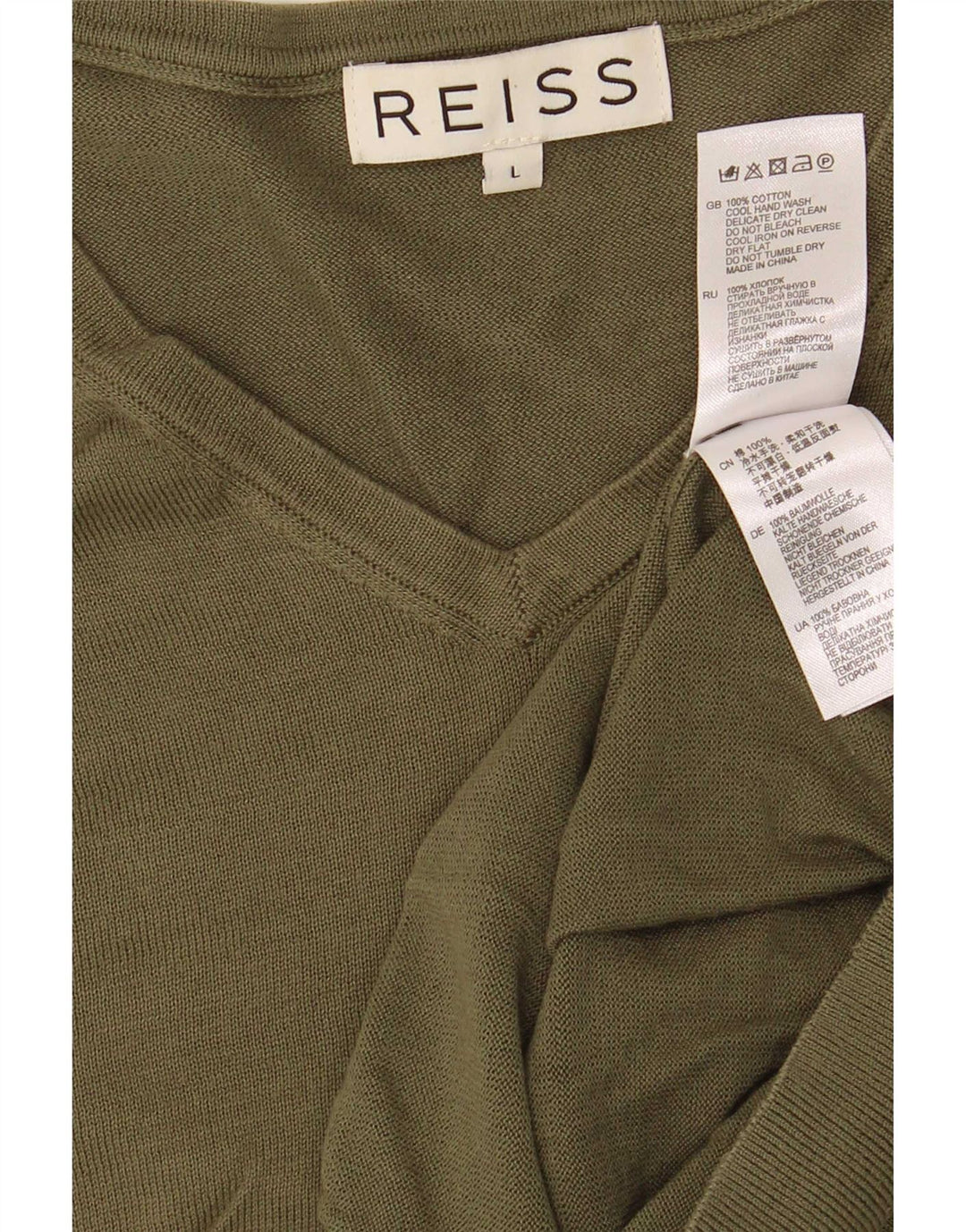 Reiss Herren-Pullover mit V-Ausschnitt, groß, Khaki, Baumwolle
