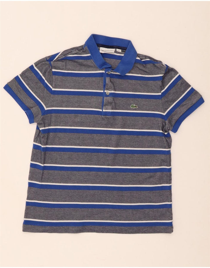 Lacoste Herren-Poloshirt mit normaler Passform, Größe 4, mittelblau, gestreift, Baumwolle