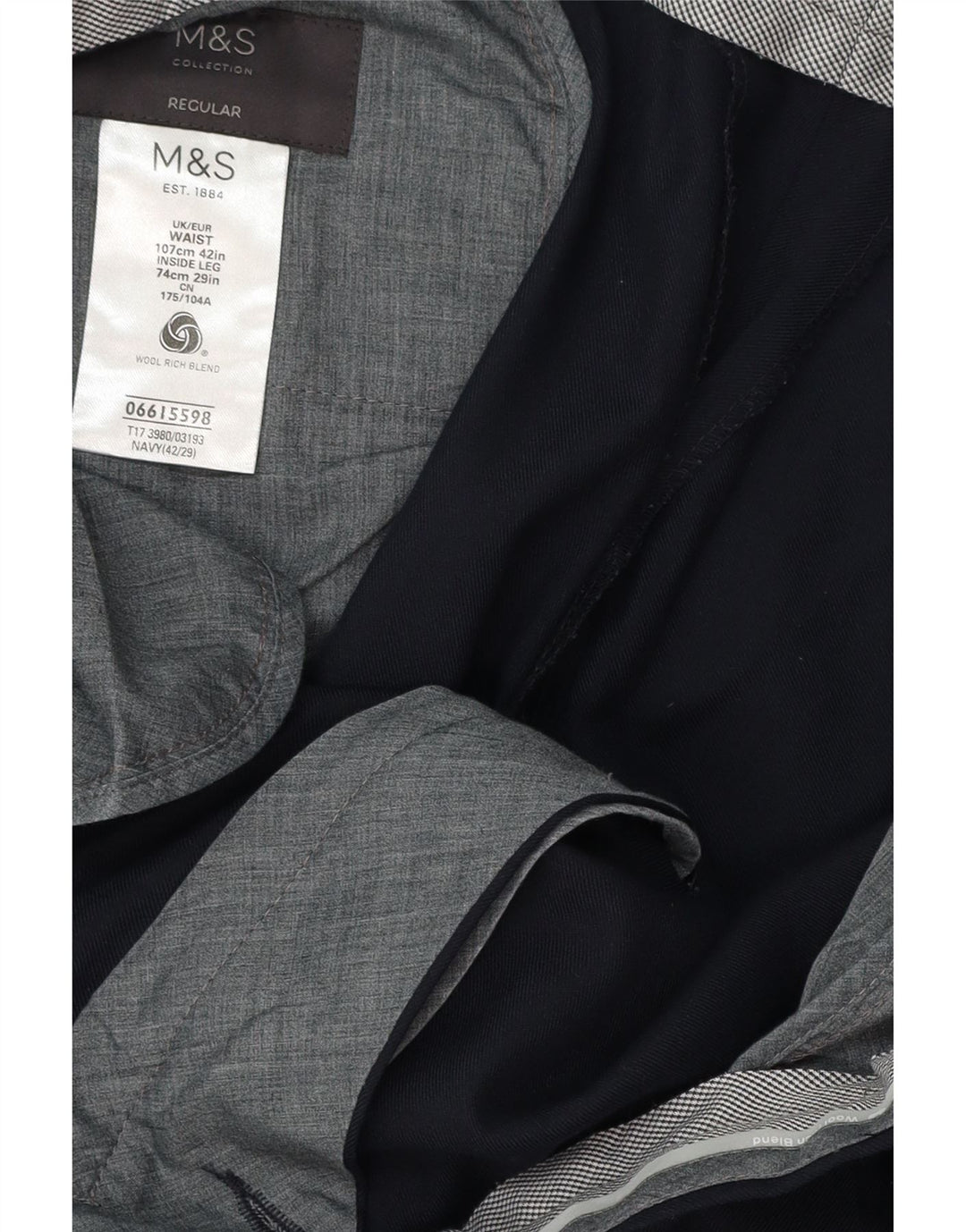 MARKS & SPENCER Herren-Anzughose mit normaler Passform, W42, L29, marineblaue Wolle