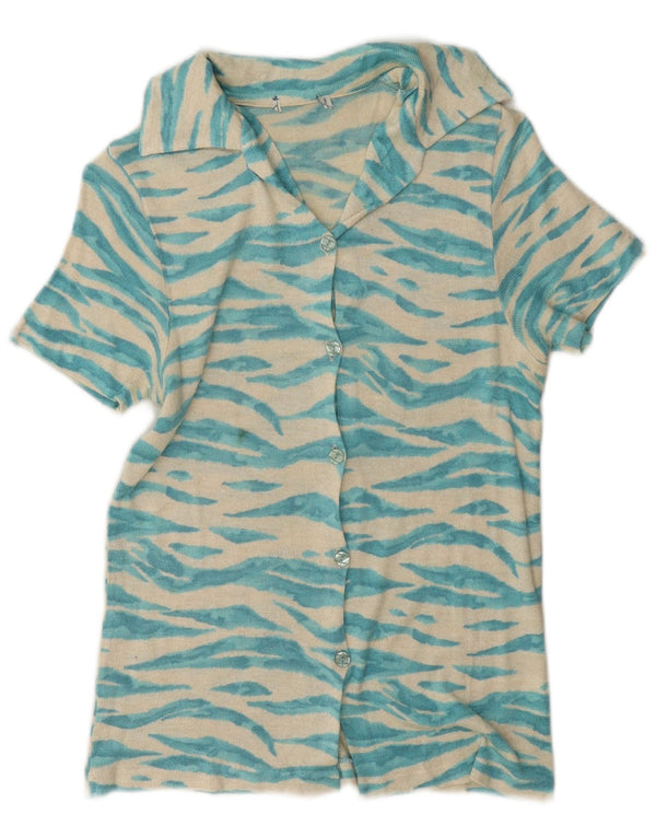 Vintage Damen Kurzarmshirt UK 14 Mittelblaue Viskose mit Animal-Print