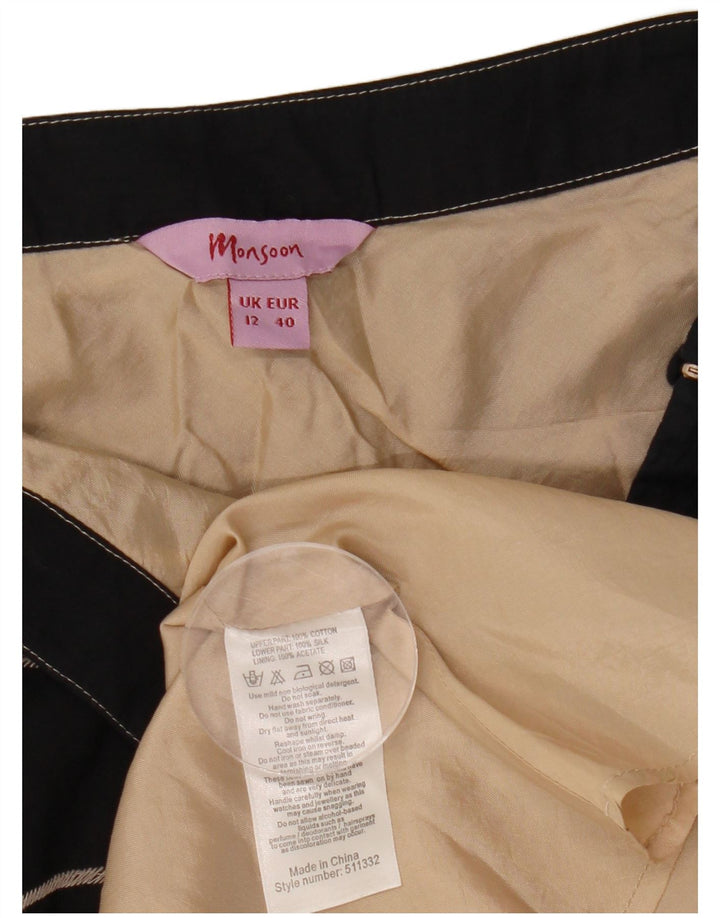 MONSOON Damen A-Linien-Rock UK 12 Medium W30 Schwarz geblümte Baumwolle