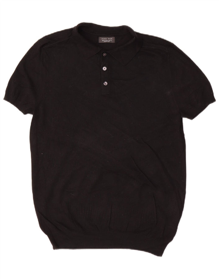 Zara Herren-Pullover mit Polokragen, kurzärmelig, mittelschwarz, Viskose