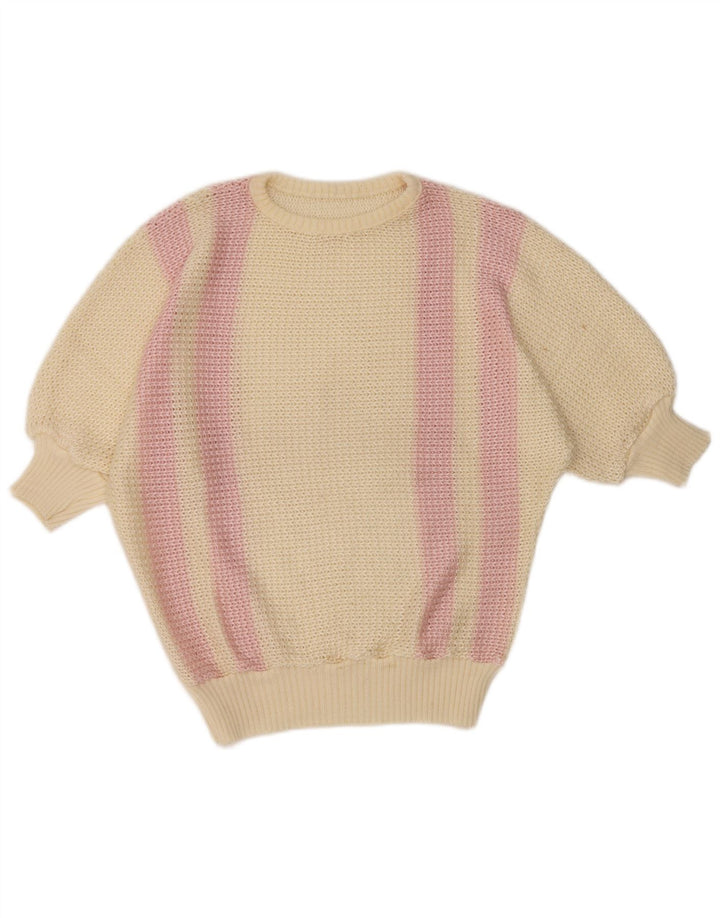 Vintage Damen Pullover mit U-Boot-Ausschnitt, Gr. 14, groß, weiß gestreift