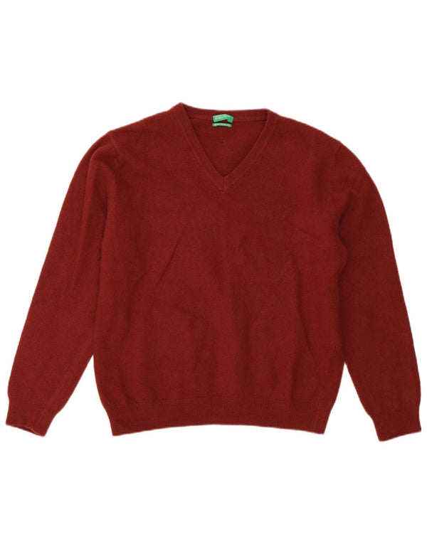 Benetton Mädchen-Pullover mit V-Ausschnitt, 13–14 Jahre, groß, Burgunderrote Schurwolle