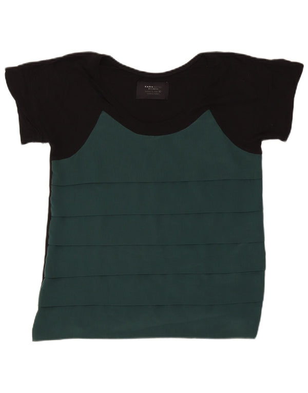 ZARA Damen T-Shirt Top UK 14 Large Grün Colourblock Polyester