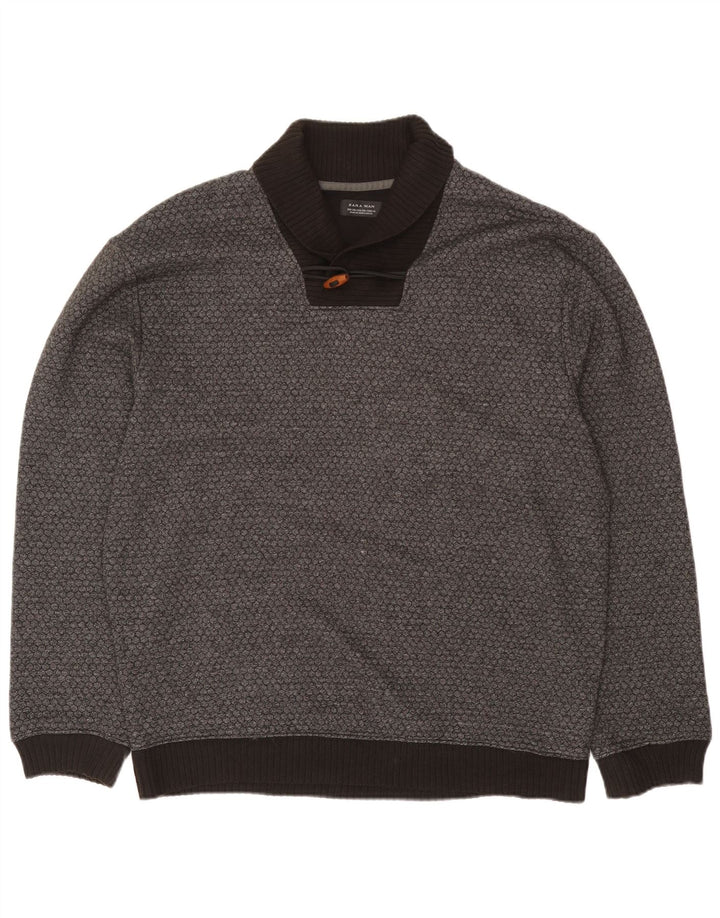 Zara Herren-Pullover mit Schalkragen, 2XL, grau gepunktete Baumwolle