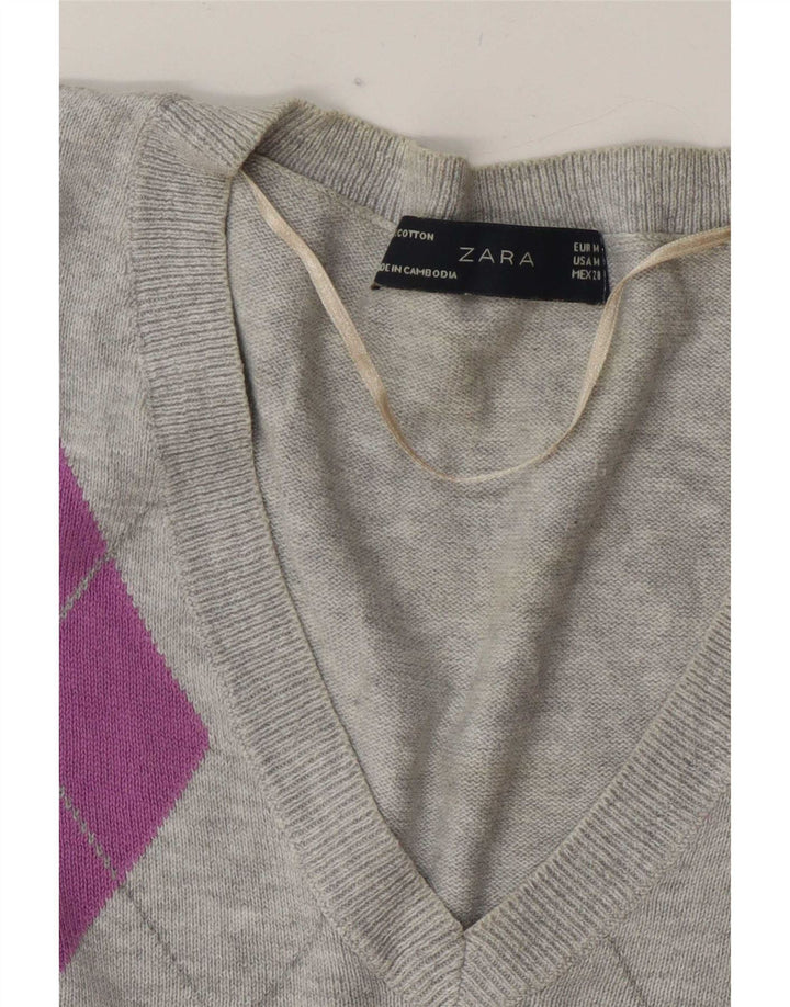 Zara Damen-Pullover mit V-Ausschnitt, UK 12, mittelgrau, Argyle/Diamant