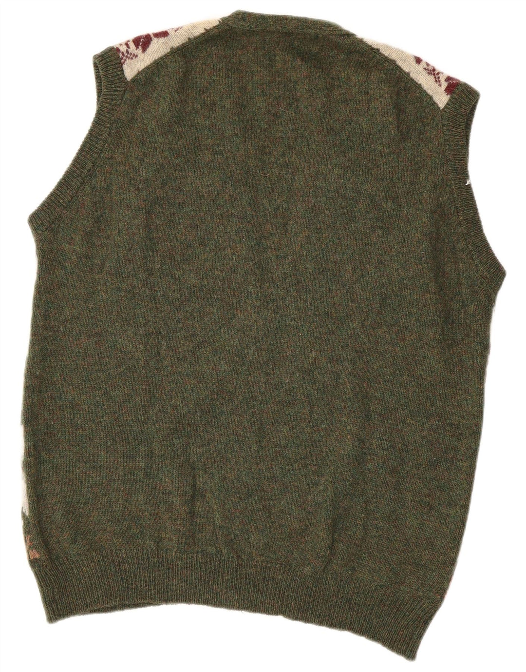 GREEN LEAVES Ärmelloser Herren-Cardigan-Pullover XL Grüne Fair-Isle-Wolle