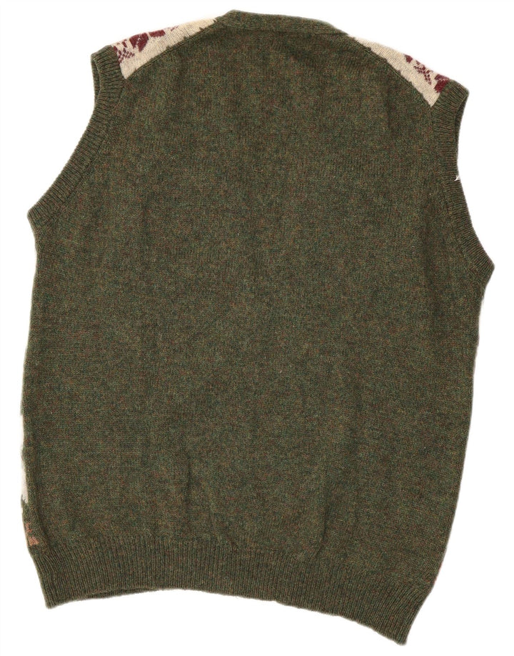GREEN LEAVES Ärmelloser Herren-Cardigan-Pullover XL Grüne Fair-Isle-Wolle