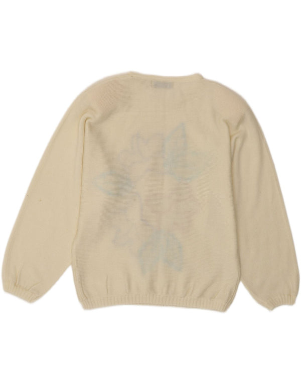 Vintage Damen Pullover mit Rundhalsausschnitt, Einheitsgröße, aus weißem, floralem Acryl