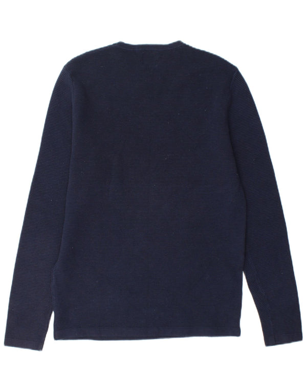 ZARA Herren-Pullover mit Rundhalsausschnitt, mittlerer marineblauer Farbblock-Baumwolle