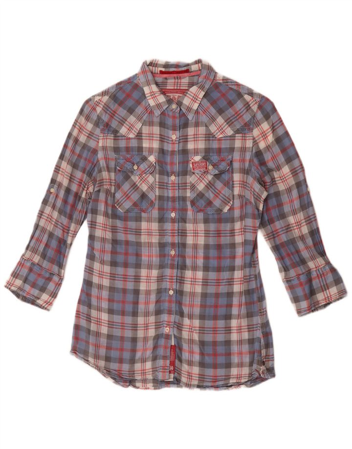 Superdry Damen-Hemd mit 3/4-Ärmeln, UK 14, mittelblau, kariert, Baumwolle