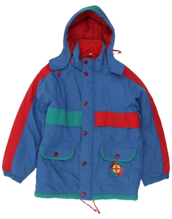Vintage Herren-Skijacke mit grafischer Kapuze, UK 40, groß, blau, Farbblock