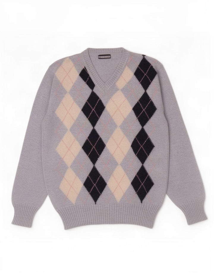 Vintage Herren V-Ausschnitt Pullover Pullover Große blaue Argyle/Diamond Wolle