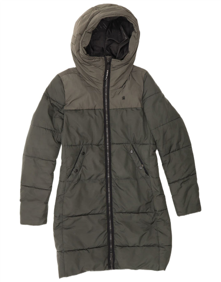 G-STAR Wattierter Damenmantel mit Kapuze, UK 10, Größe S, Grün, Farbblock-Polyester
