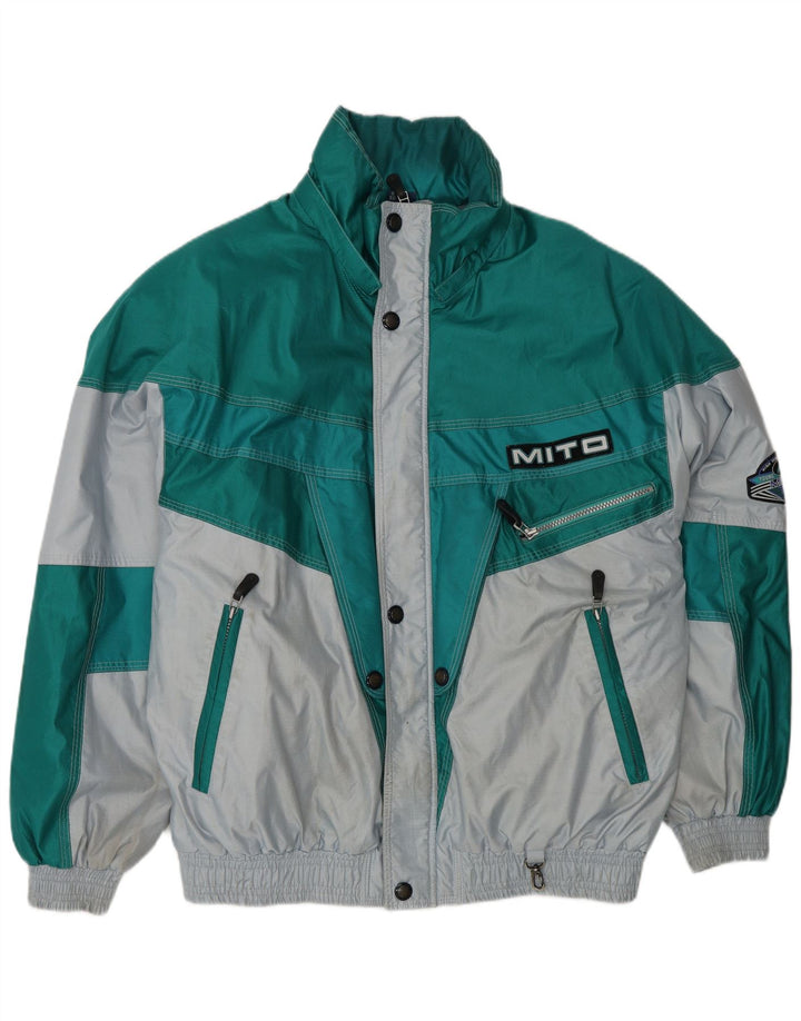 Vintage Herren-Skijacke mit Grafik, EU 48, mittelgrünes Farbblock-Polyamid